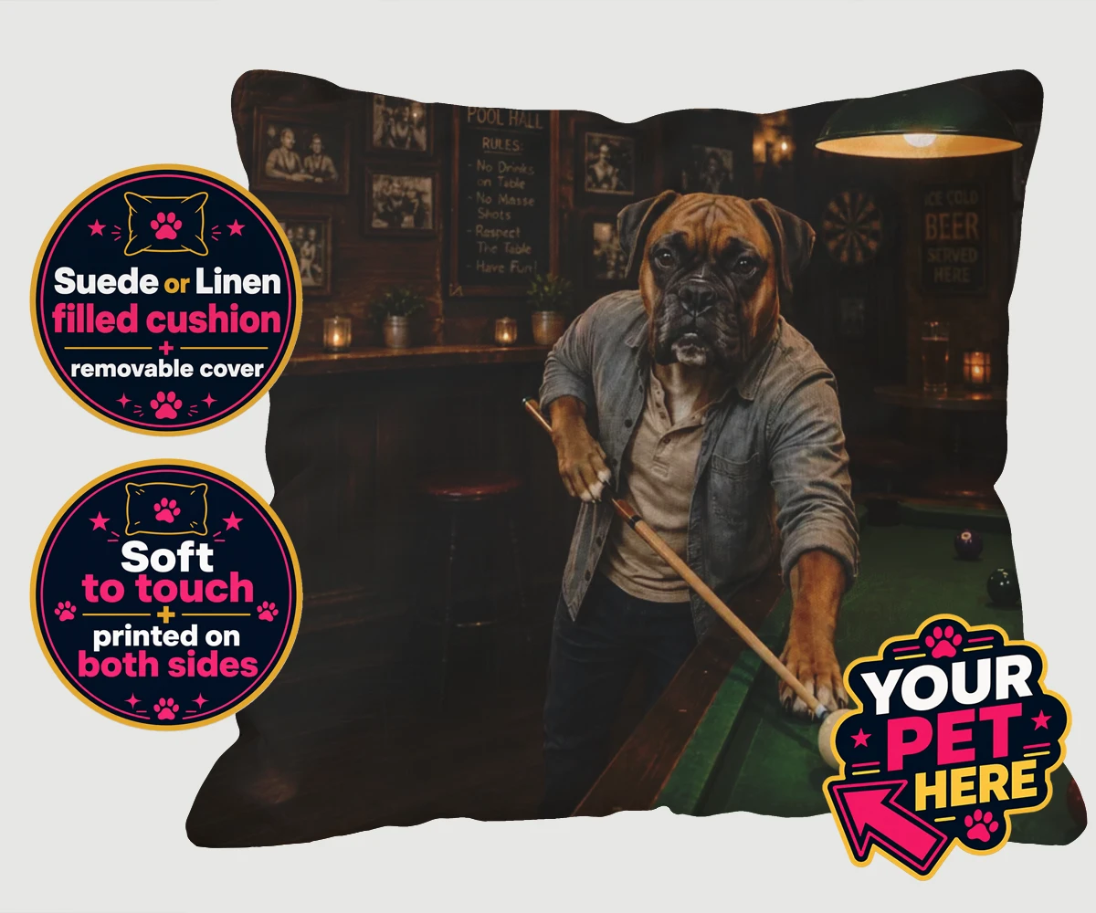 Personalised The Pool Hustler dog cushions featuring meet The Pool Hustler, a charming canine character capturing the heart