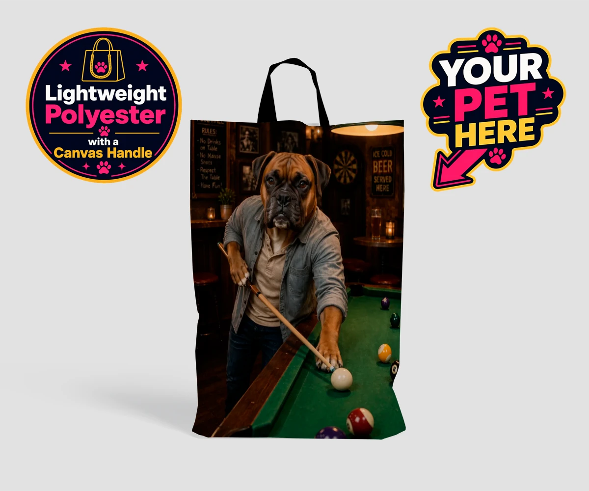 Personalised The Pool Hustler dog shopping bags featuring meet The Pool Hustler, a charming canine character capturing the heart