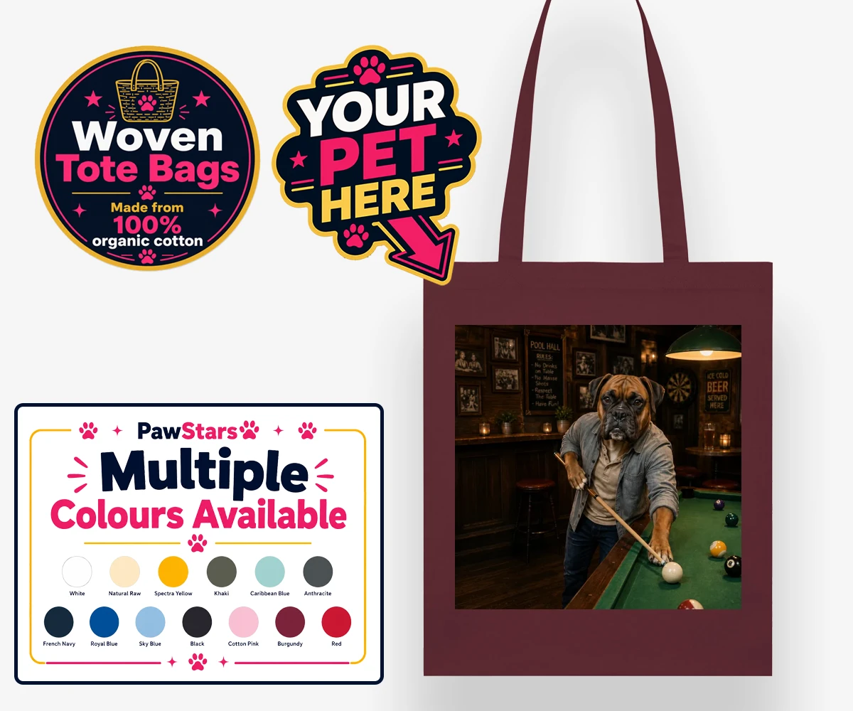 Personalised The Pool Hustler dog woven tote bags featuring meet The Pool Hustler, a charming canine character capturing the heart