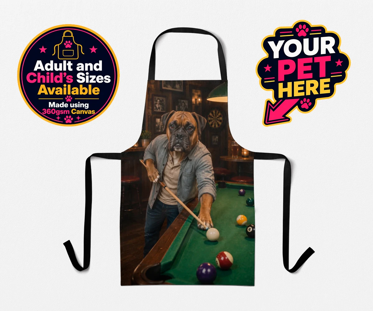 Personalised The Pool Hustler dog aprons featuring meet The Pool Hustler, a charming canine character capturing the heart