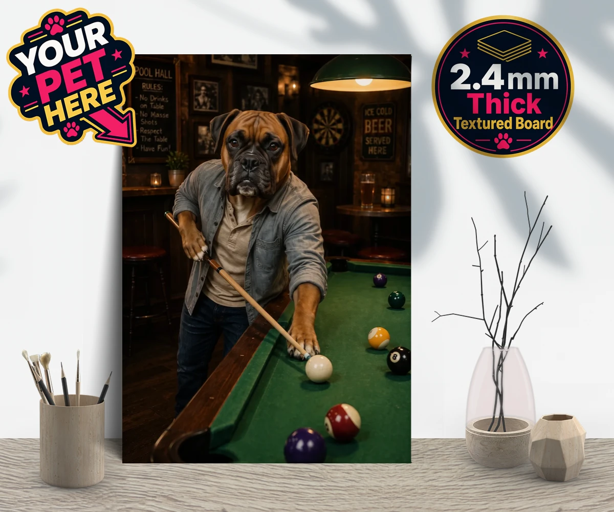 Personalised The Pool Hustler dog gallery boards featuring meet The Pool Hustler, a charming canine character capturing the heart