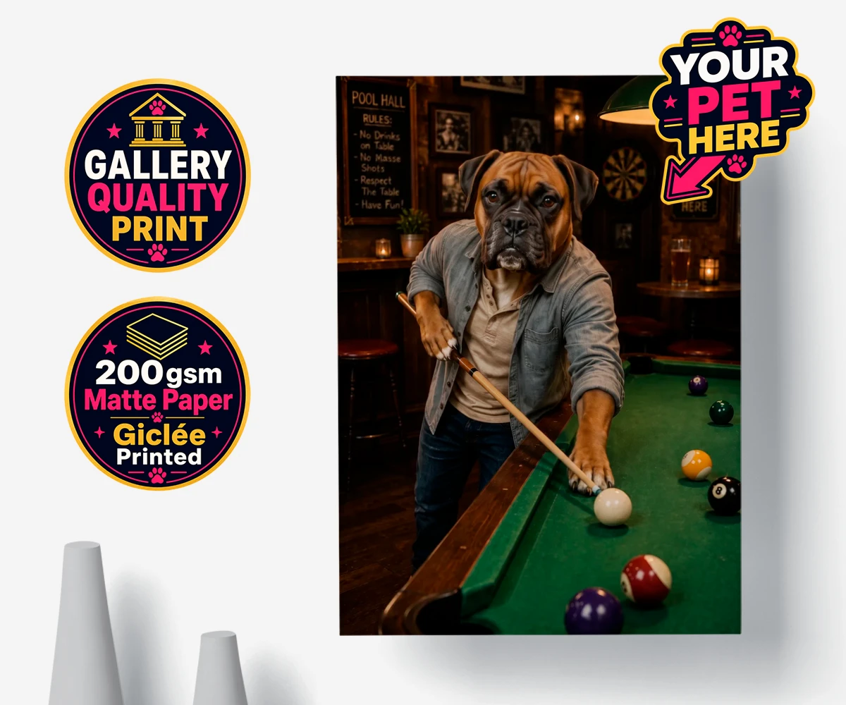 Personalised The Pool Hustler dog premium poster print featuring meet The Pool Hustler, a charming canine character capturing the heart