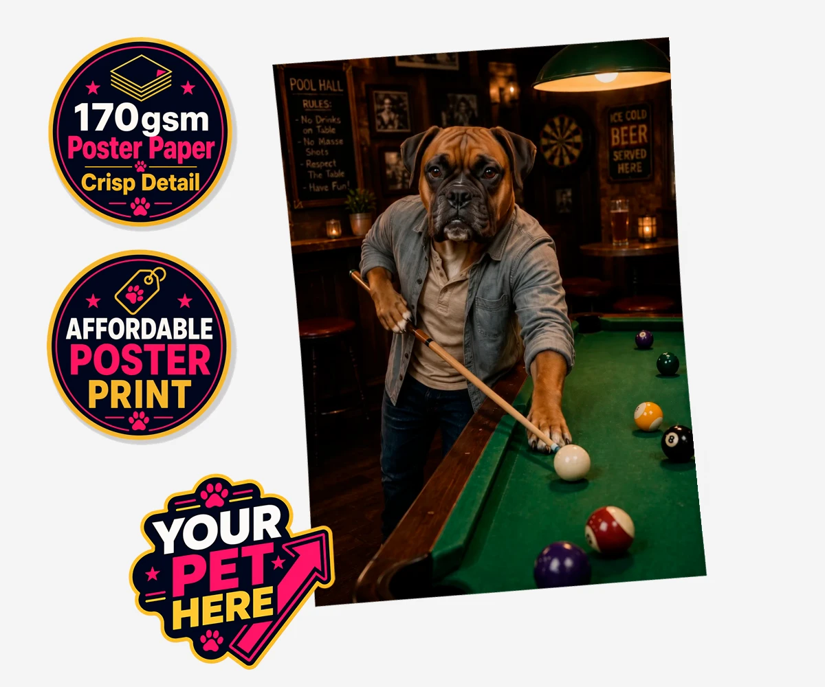 Personalised The Pool Hustler dog standard poster print featuring meet The Pool Hustler, a charming canine character capturing the heart