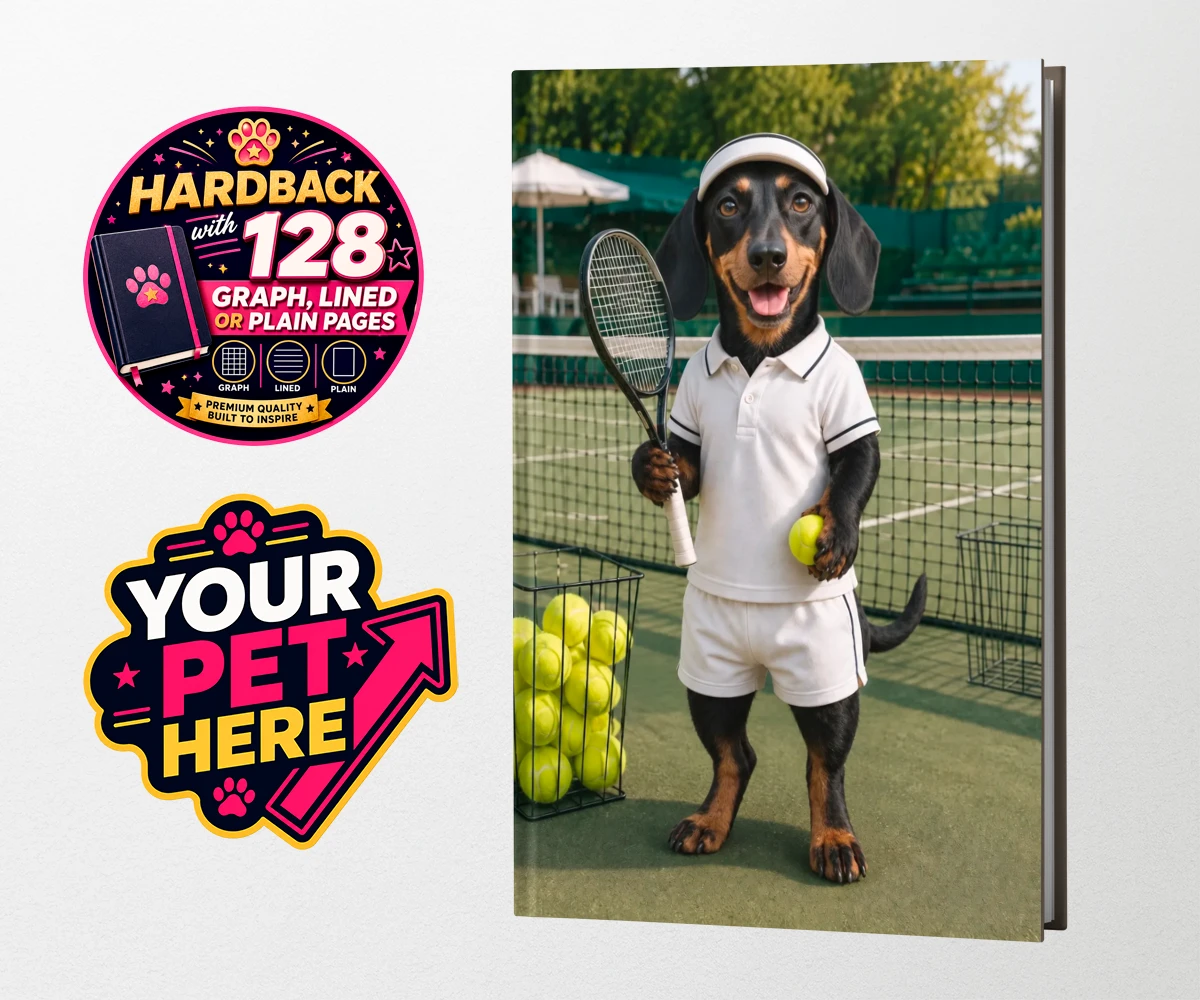 Personalised Tennis Paw Star dog hardback notebooks featuring the playful pooch capturing the spirit of your favourite sports champi