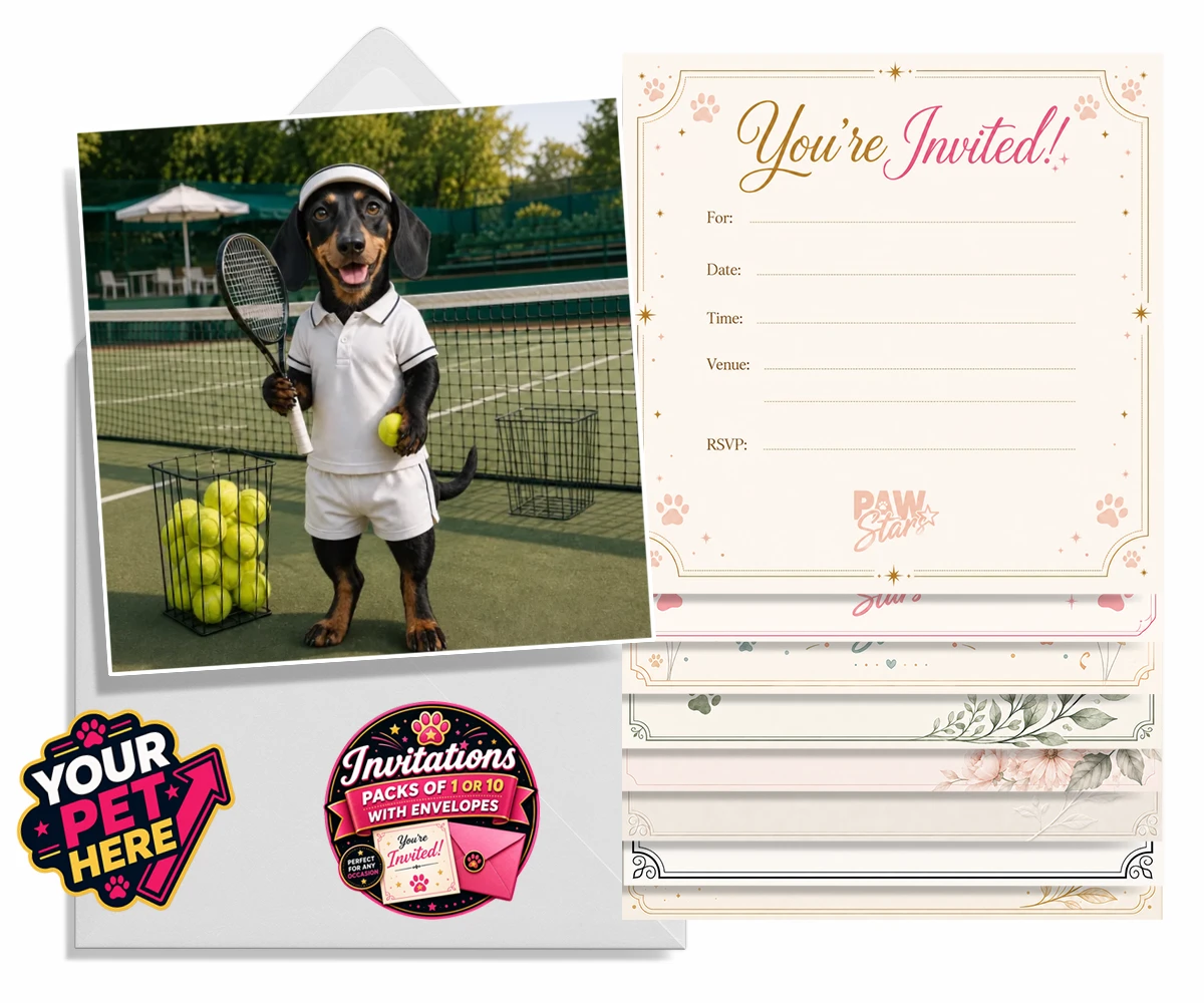 Personalised Tennis Paw Star dog invitations featuring the playful pooch capturing the spirit of your favourite sports champi