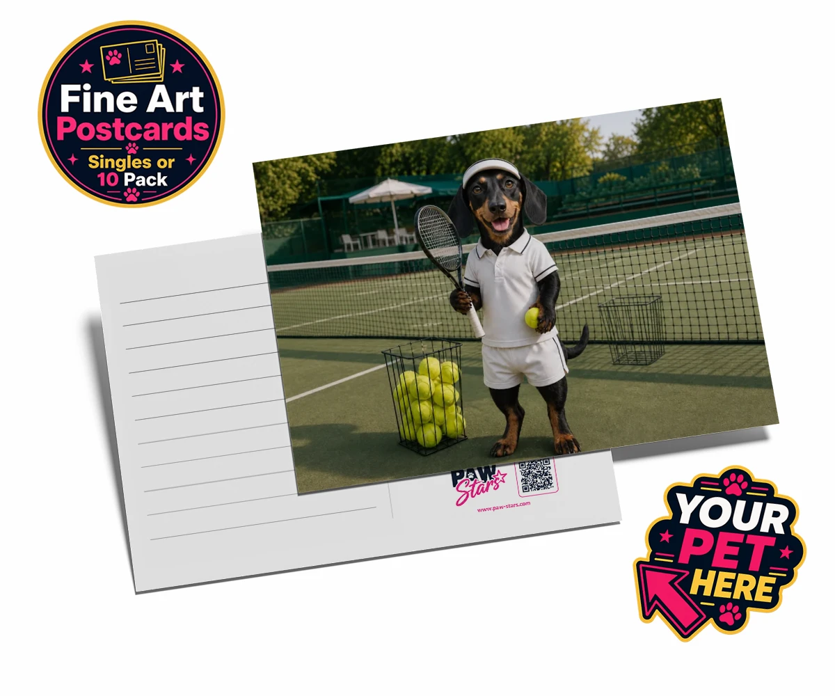 Personalised Tennis Paw Star dog postcards featuring the playful pooch capturing the spirit of your favourite sports champi