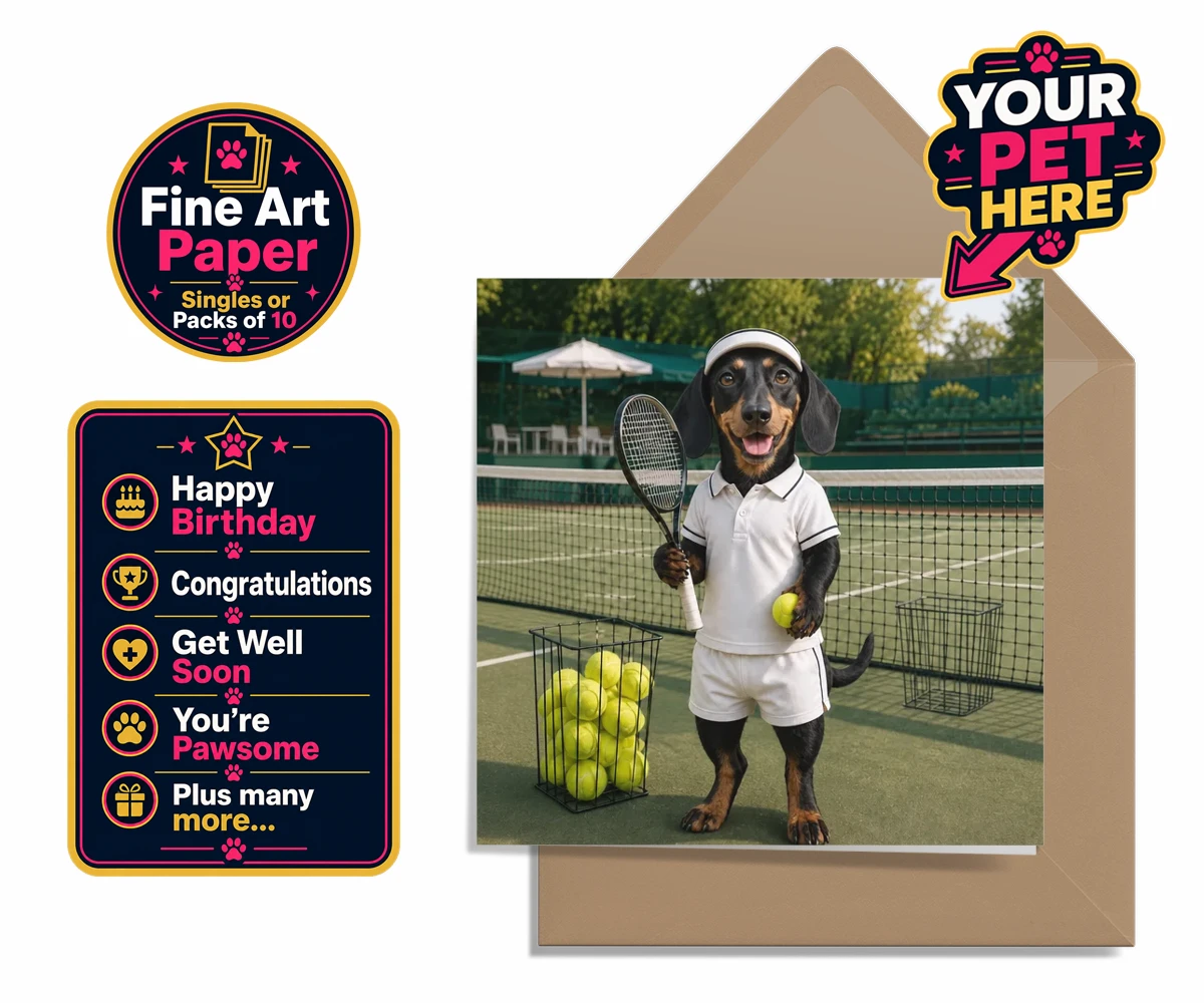 Personalised Tennis Paw Star dog premium greetings cards featuring the playful pooch capturing the spirit of your favourite sports champi