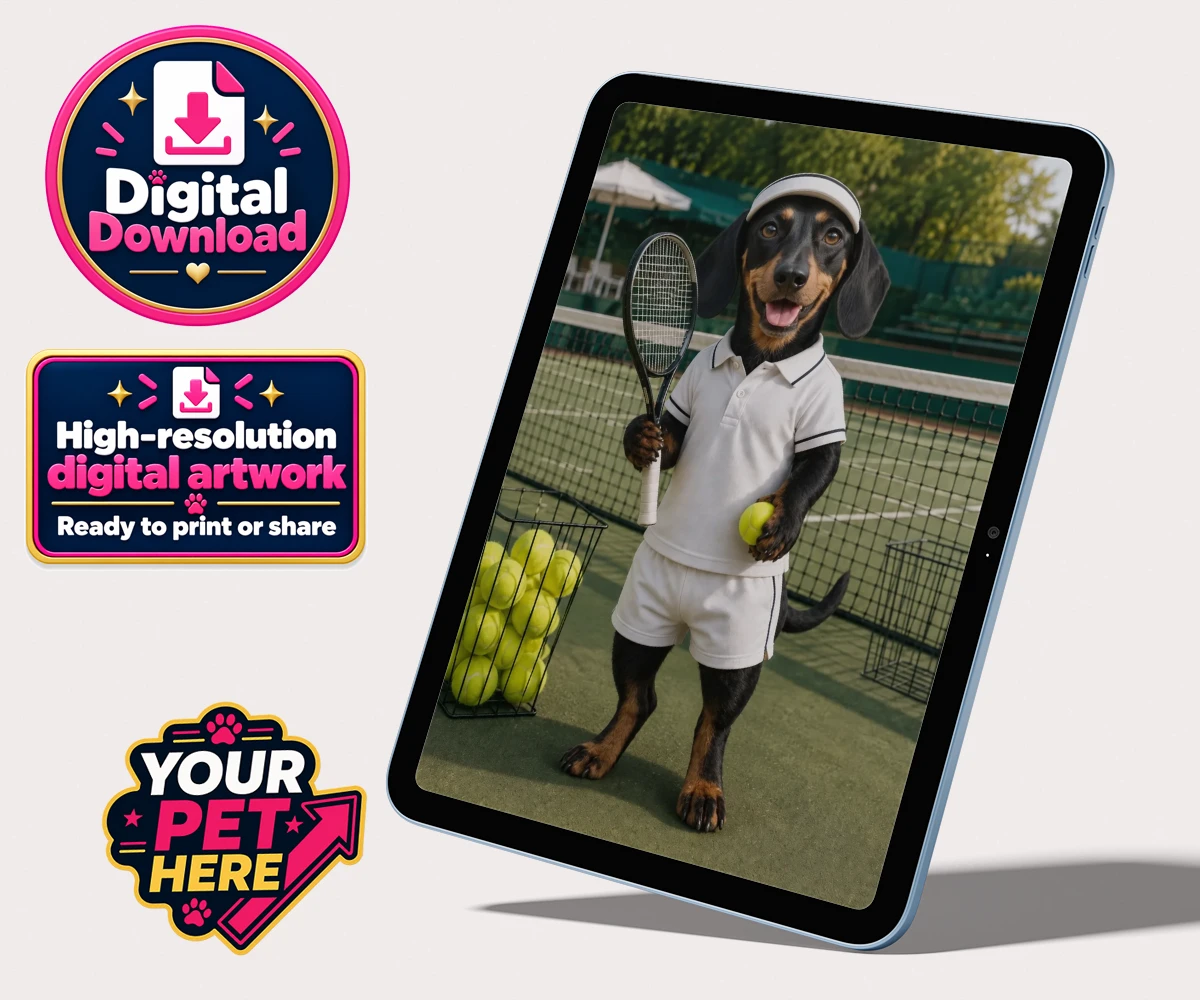 Personalised Tennis Paw Star dog personalised digital downloads featuring the playful pooch capturing the spirit of your favourite sports champi