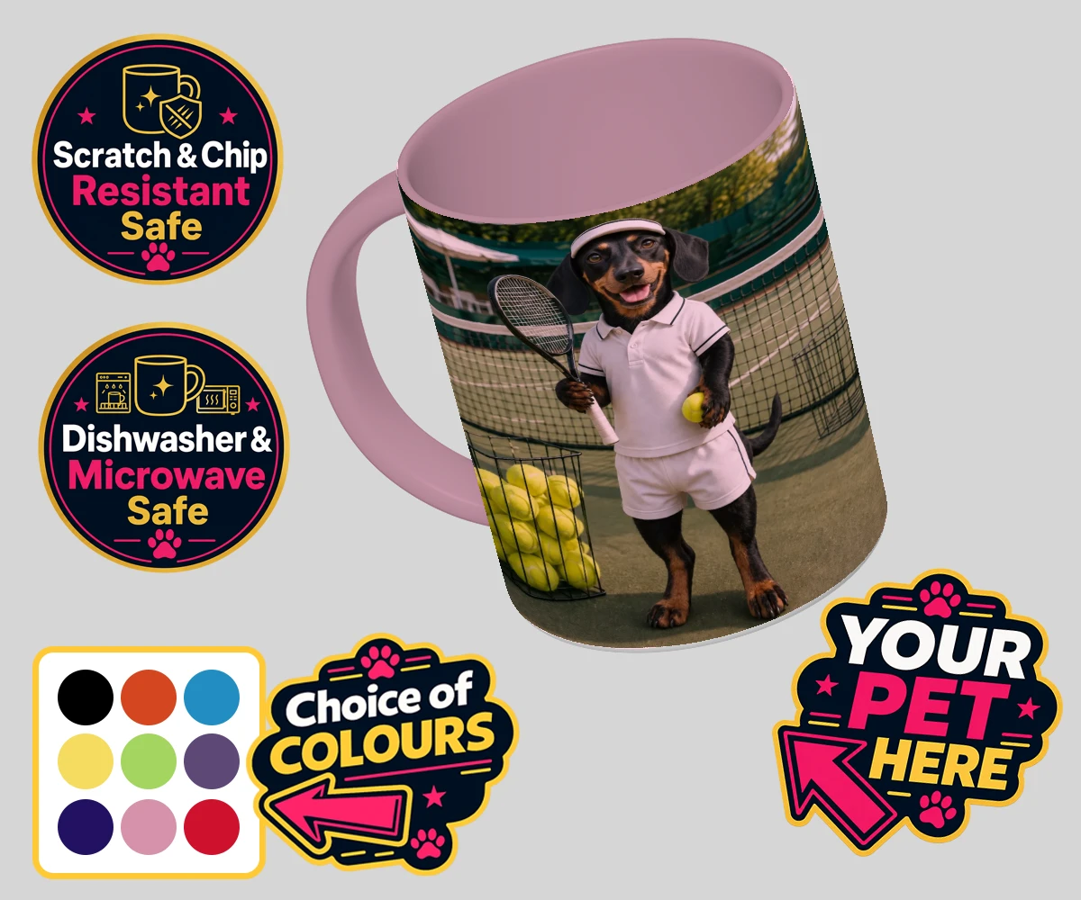 Personalised Tennis Paw Star dog coloured photo mugs featuring the playful pooch capturing the spirit of your favourite sports champi
