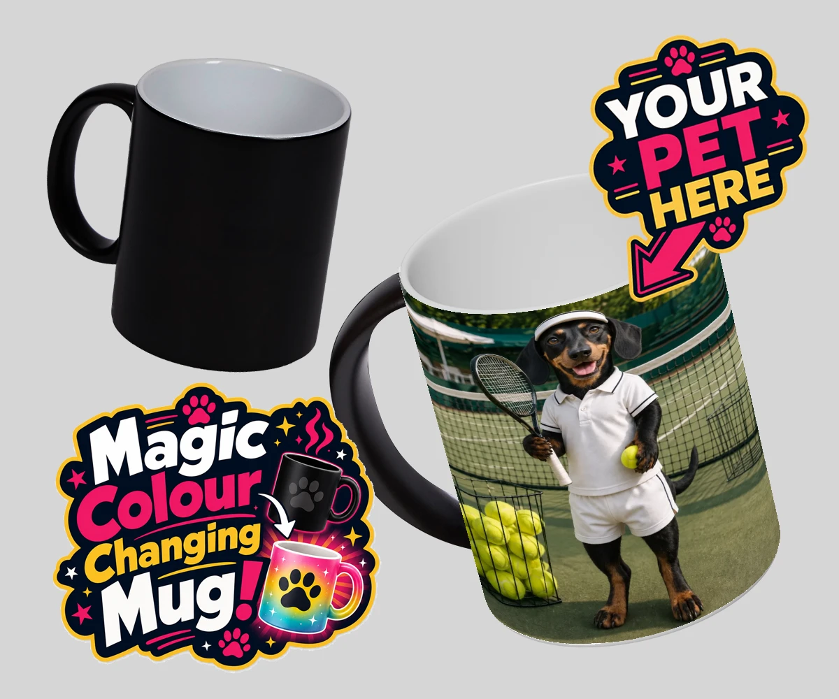 Personalised Tennis Paw Star dog magic photo mugs featuring the playful pooch capturing the spirit of your favourite sports champi