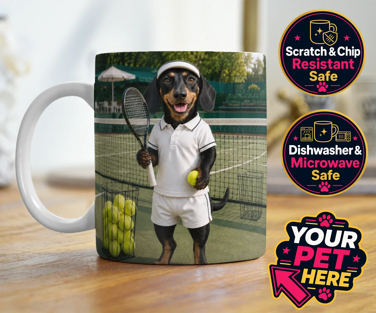 Personalised Tennis Paw Star dog photo mugs featuring the playful pooch capturing the spirit of your favourite sports champi