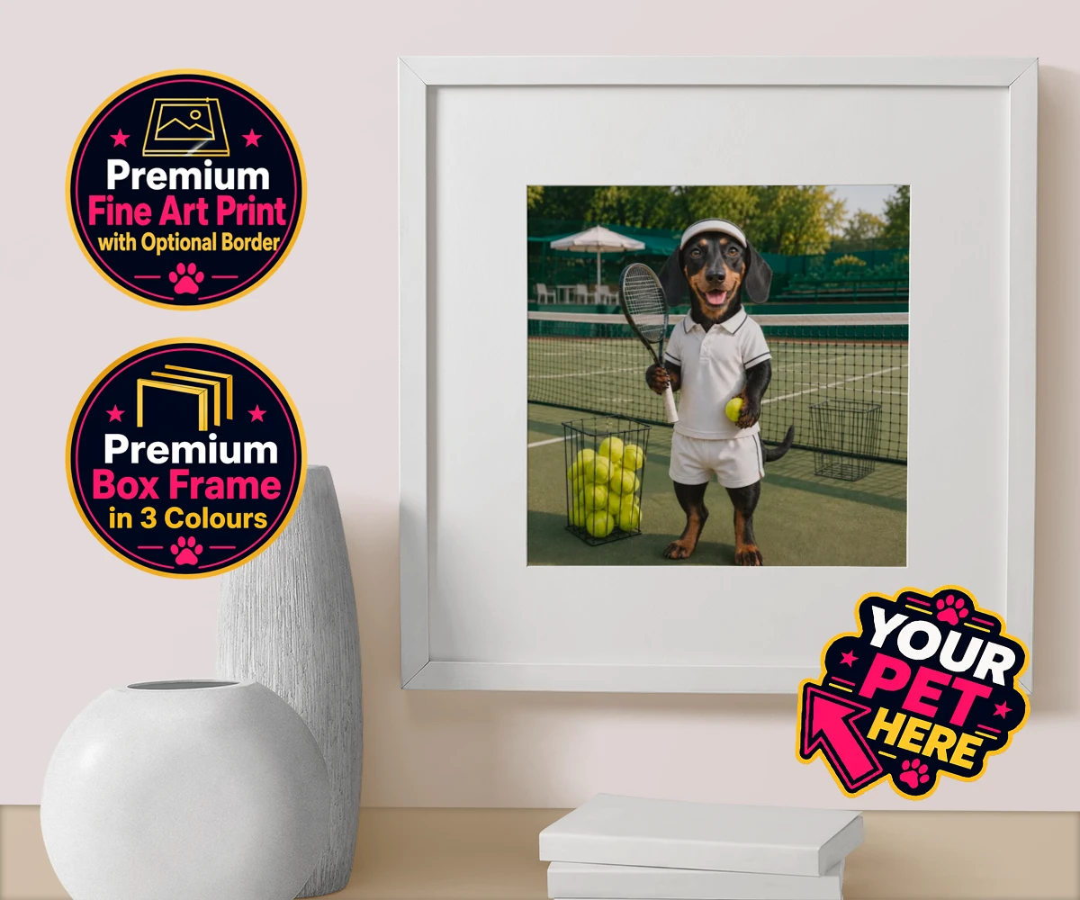 Personalised Tennis Paw Star dog box framed print featuring the playful pooch capturing the spirit of your favourite sports champi