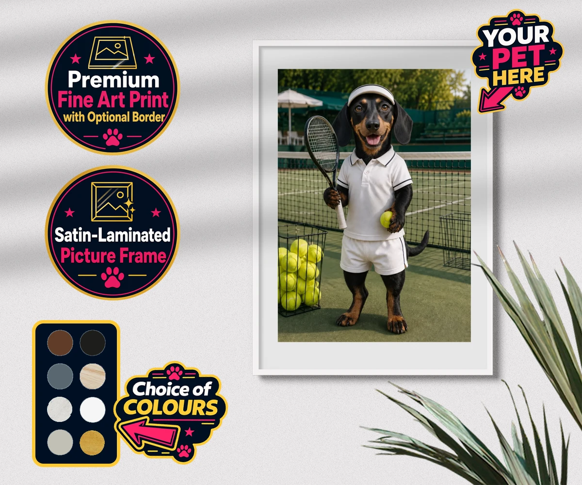 Personalised Tennis Paw Star dog premium framed print featuring the playful pooch capturing the spirit of your favourite sports champi