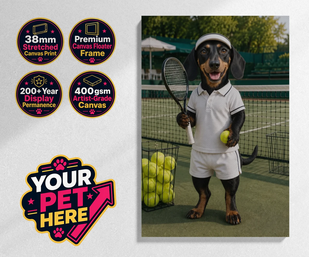 Personalised Tennis Paw Star dog stretched canvas print featuring the playful pooch capturing the spirit of your favourite sports champi