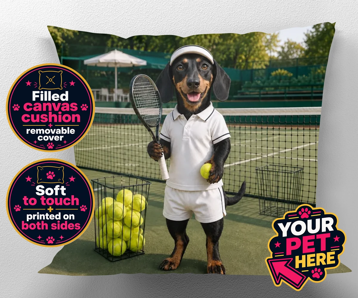 Personalised Tennis Paw Star dog canvas cushions featuring the playful pooch capturing the spirit of your favourite sports champi