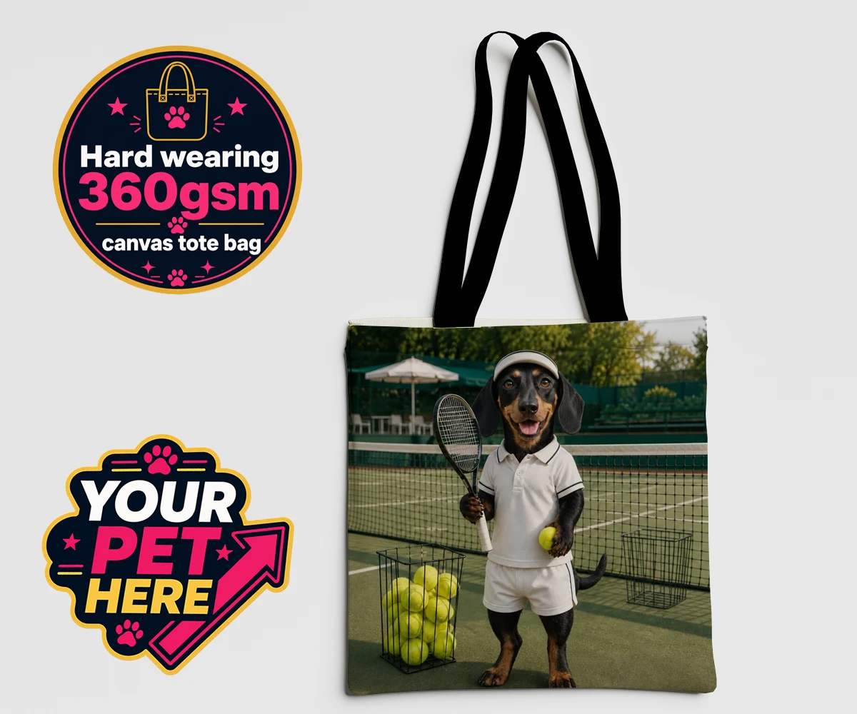 Personalised Tennis Paw Star dog canvas tote bags featuring the playful pooch capturing the spirit of your favourite sports champi