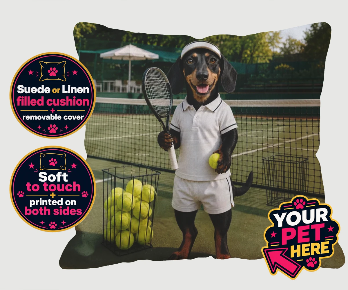 Personalised Tennis Paw Star dog cushions featuring the playful pooch capturing the spirit of your favourite sports champi