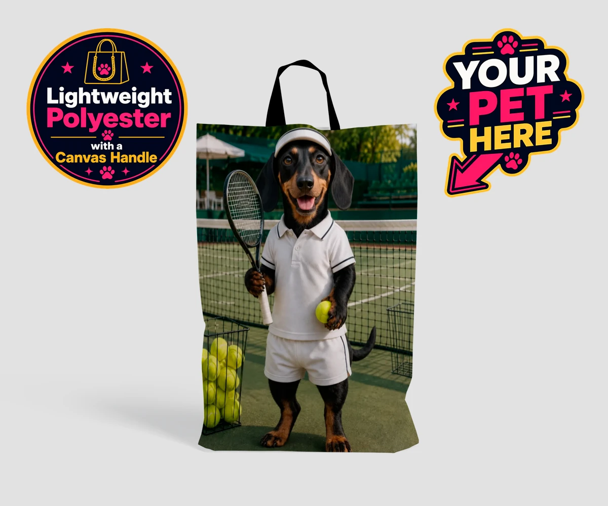 Personalised Tennis Paw Star dog shopping bags featuring the playful pooch capturing the spirit of your favourite sports champi