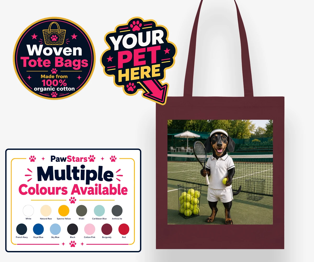 Personalised Tennis Paw Star dog woven tote bags featuring the playful pooch capturing the spirit of your favourite sports champi
