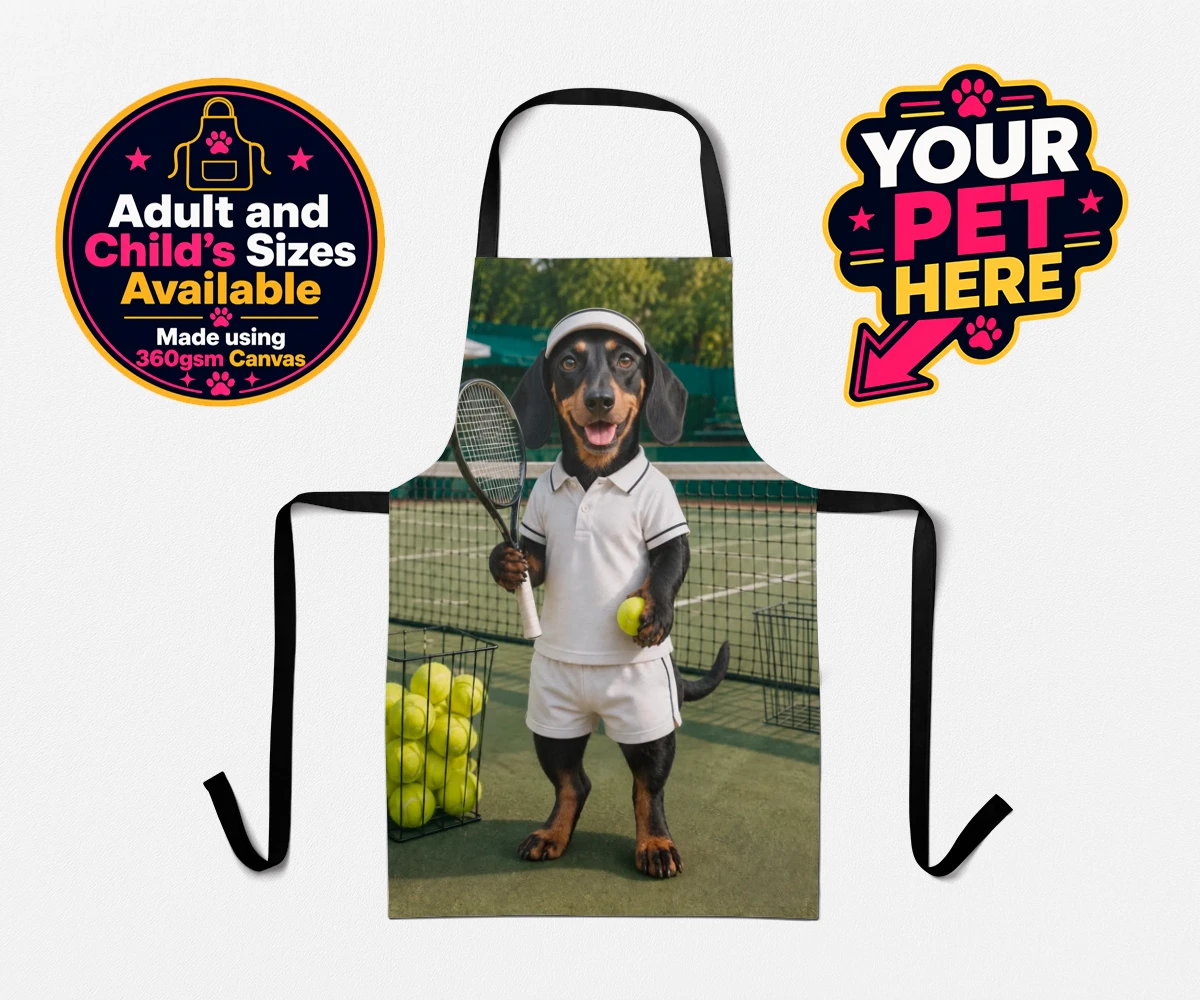 Personalised Tennis Paw Star dog aprons featuring the playful pooch capturing the spirit of your favourite sports champi