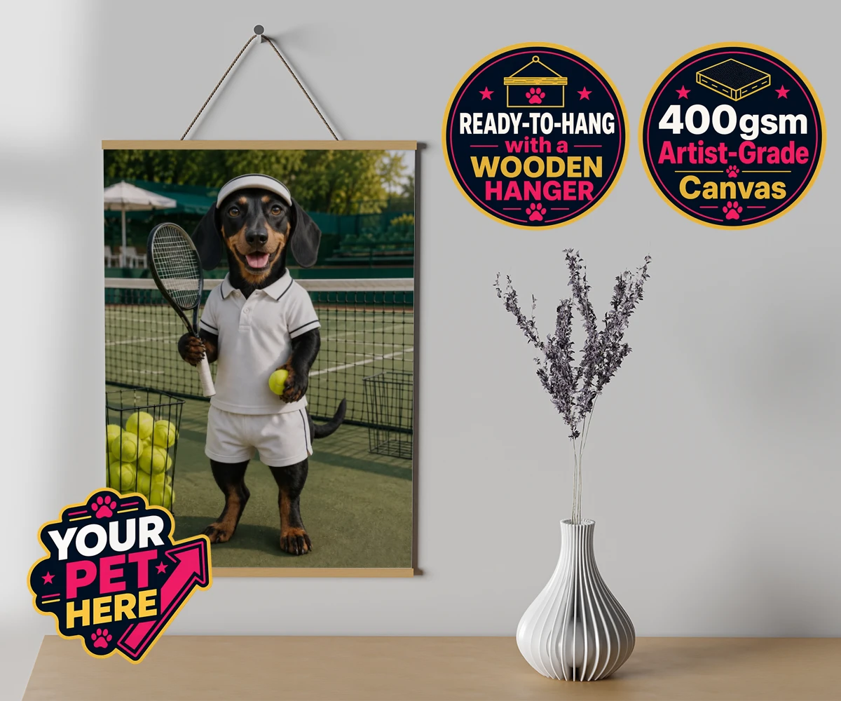 Personalised Tennis Paw Star dog canvas poster prints with hanger featuring the playful pooch capturing the spirit of your favourite sports champi