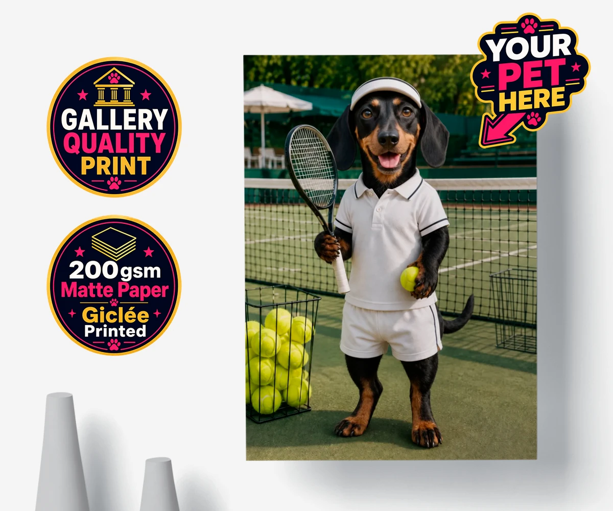 Personalised Tennis Paw Star dog premium poster print featuring the playful pooch capturing the spirit of your favourite sports champi