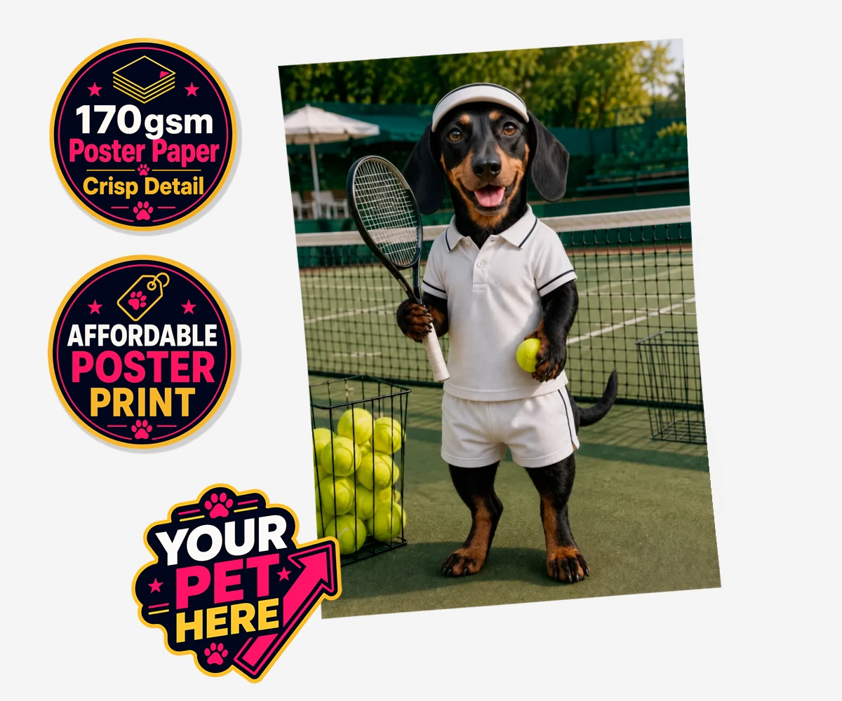 Personalised Tennis Paw Star dog standard poster print featuring the playful pooch capturing the spirit of your favourite sports champi