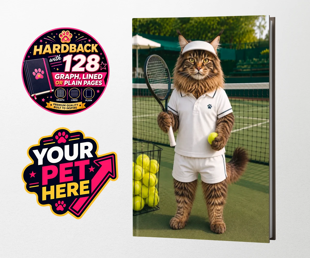 Personalised Tennis Paw Star cat hardback notebooks featuring step onto the court with our charming Tennis Paw Star!