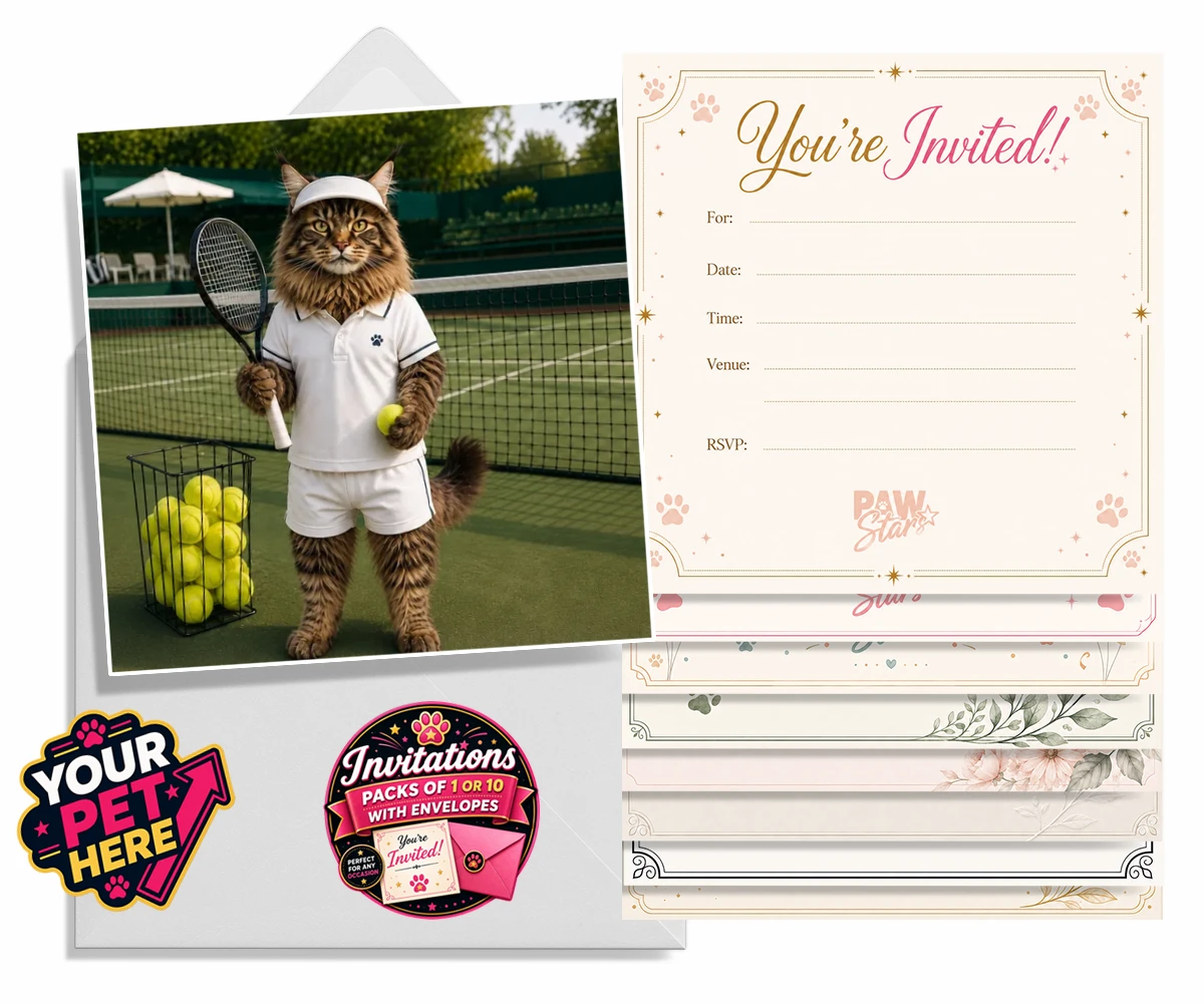 Personalised Tennis Paw Star cat invitations featuring step onto the court with our charming Tennis Paw Star!
