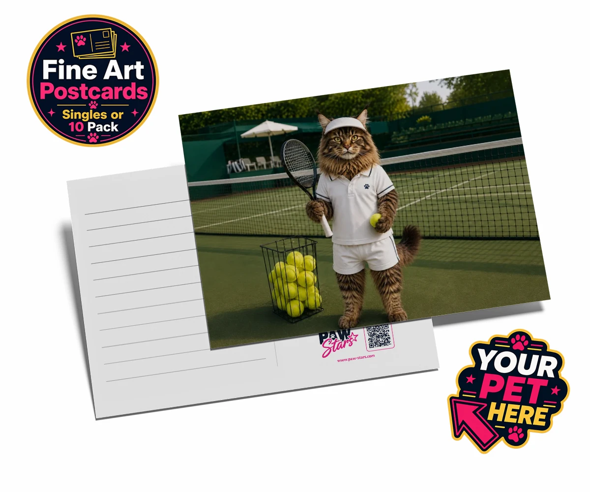 Personalised Tennis Paw Star cat postcards featuring step onto the court with our charming Tennis Paw Star!
