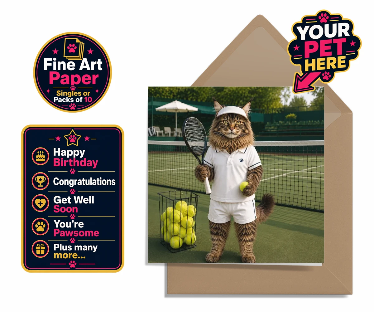 Personalised Tennis Paw Star cat premium greetings cards featuring step onto the court with our charming Tennis Paw Star!