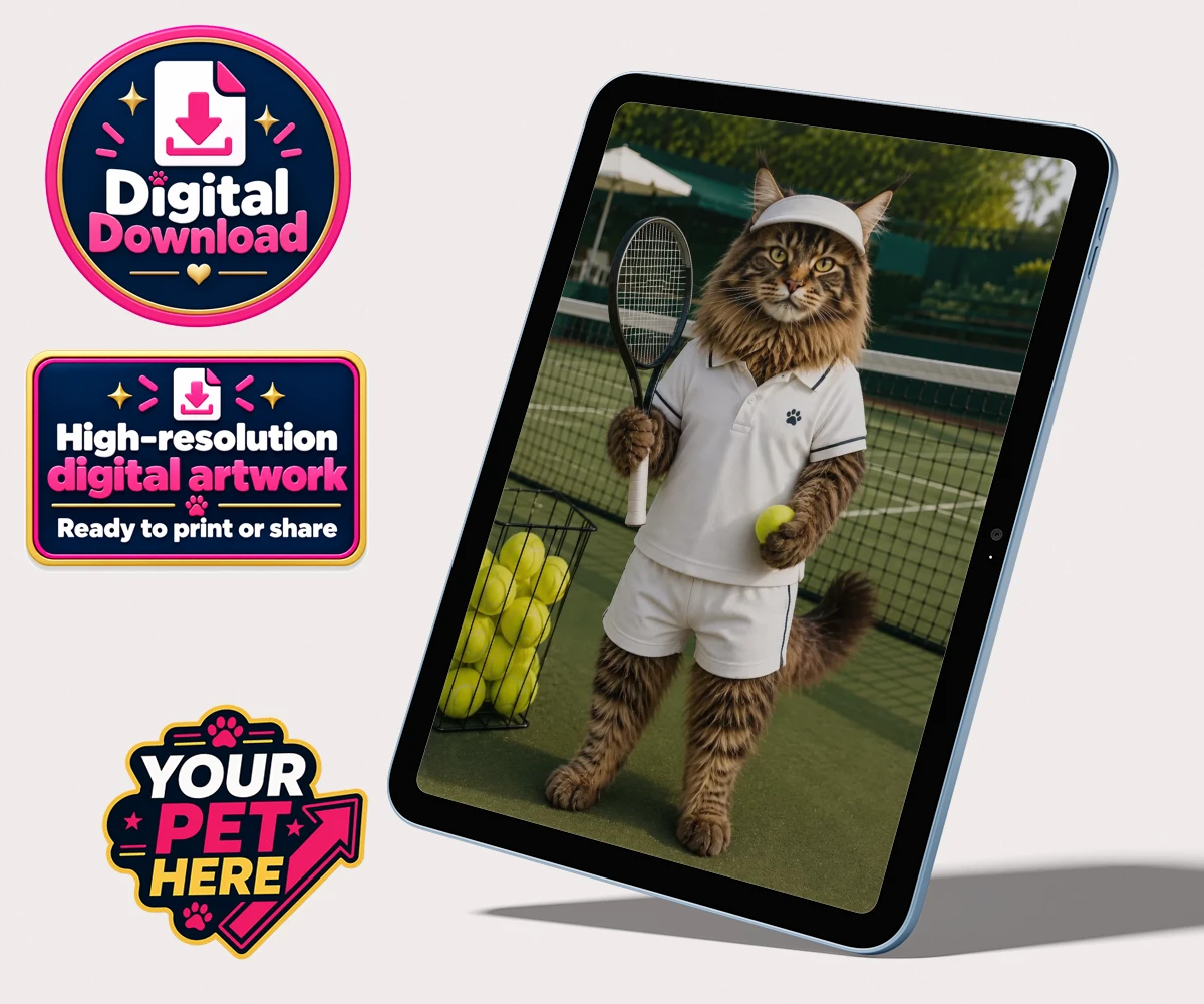 Personalised Tennis Paw Star cat personalised digital downloads featuring step onto the court with our charming Tennis Paw Star!
