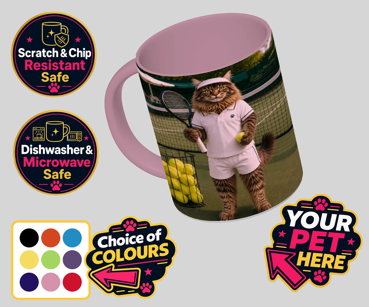 Personalised Tennis Paw Star cat coloured photo mugs featuring step onto the court with our charming Tennis Paw Star!