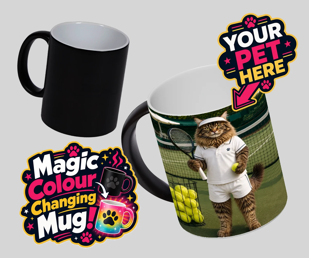 Personalised Tennis Paw Star cat magic photo mugs featuring step onto the court with our charming Tennis Paw Star!