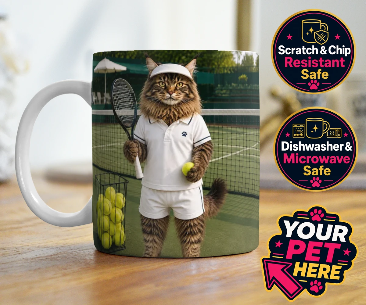 Personalised Tennis Paw Star cat photo mugs featuring step onto the court with our charming Tennis Paw Star!