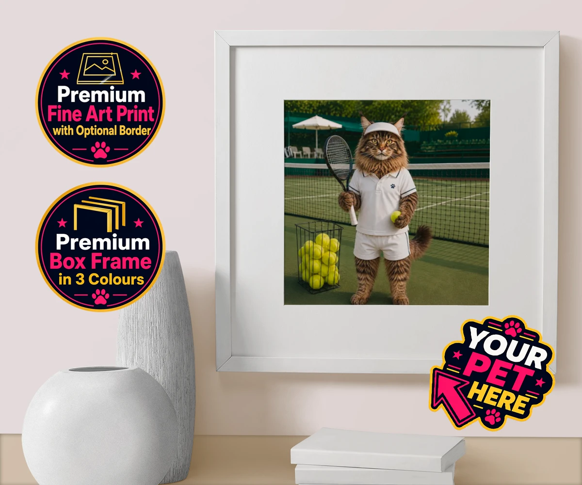 Personalised Tennis Paw Star cat box framed print featuring step onto the court with our charming Tennis Paw Star!