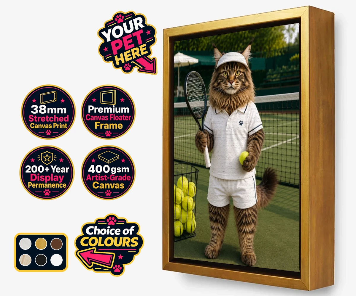 Personalised Tennis Paw Star cat framed canvas print featuring step onto the court with our charming Tennis Paw Star!