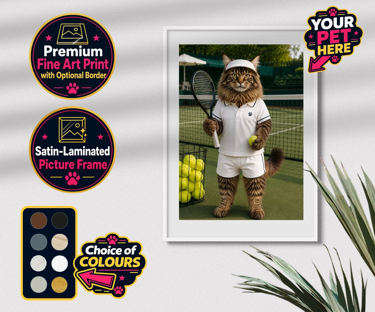 Personalised Tennis Paw Star cat premium framed print featuring step onto the court with our charming Tennis Paw Star!