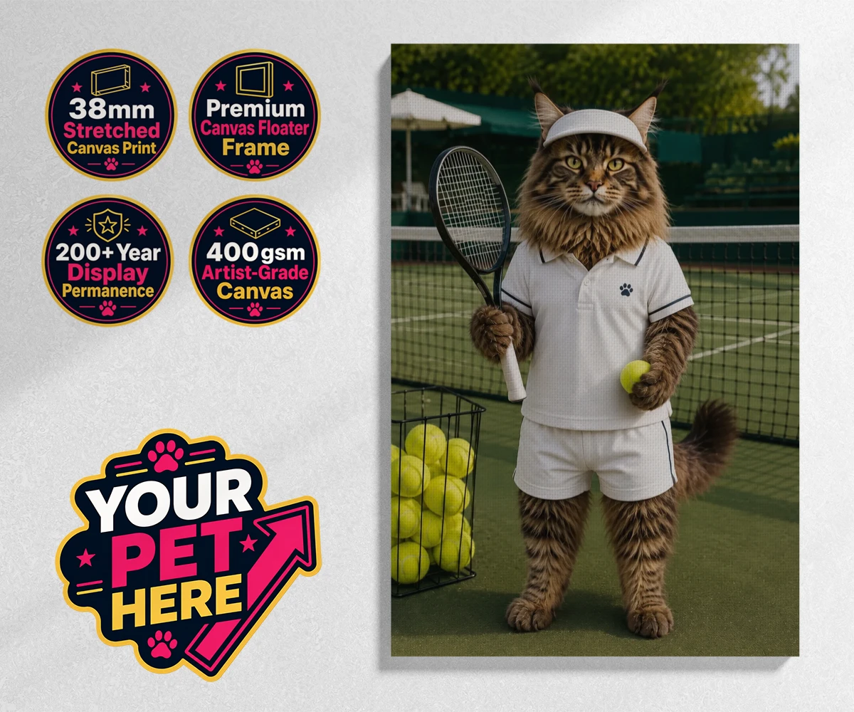 Personalised Tennis Paw Star cat stretched canvas print featuring step onto the court with our charming Tennis Paw Star!