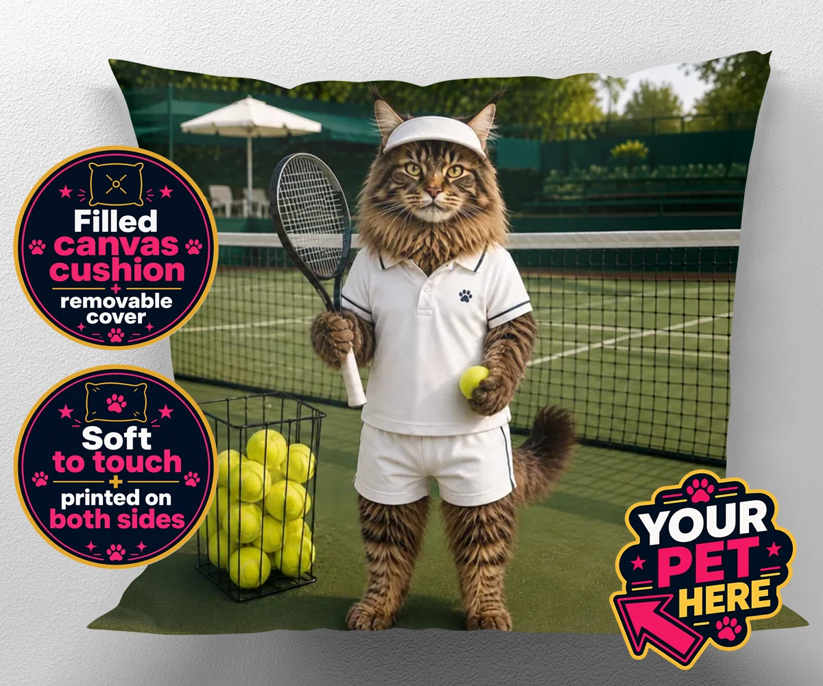 Personalised Tennis Paw Star cat canvas cushions featuring step onto the court with our charming Tennis Paw Star!