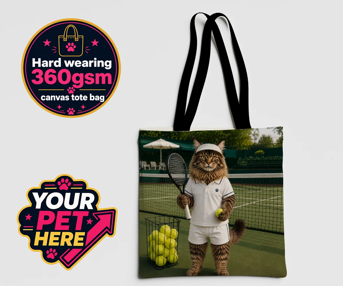 Personalised Tennis Paw Star cat canvas tote bags featuring step onto the court with our charming Tennis Paw Star!