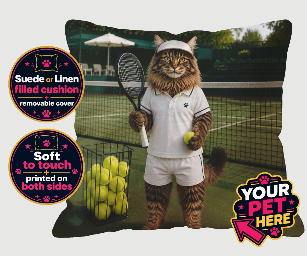 Personalised Tennis Paw Star cat cushions featuring step onto the court with our charming Tennis Paw Star!