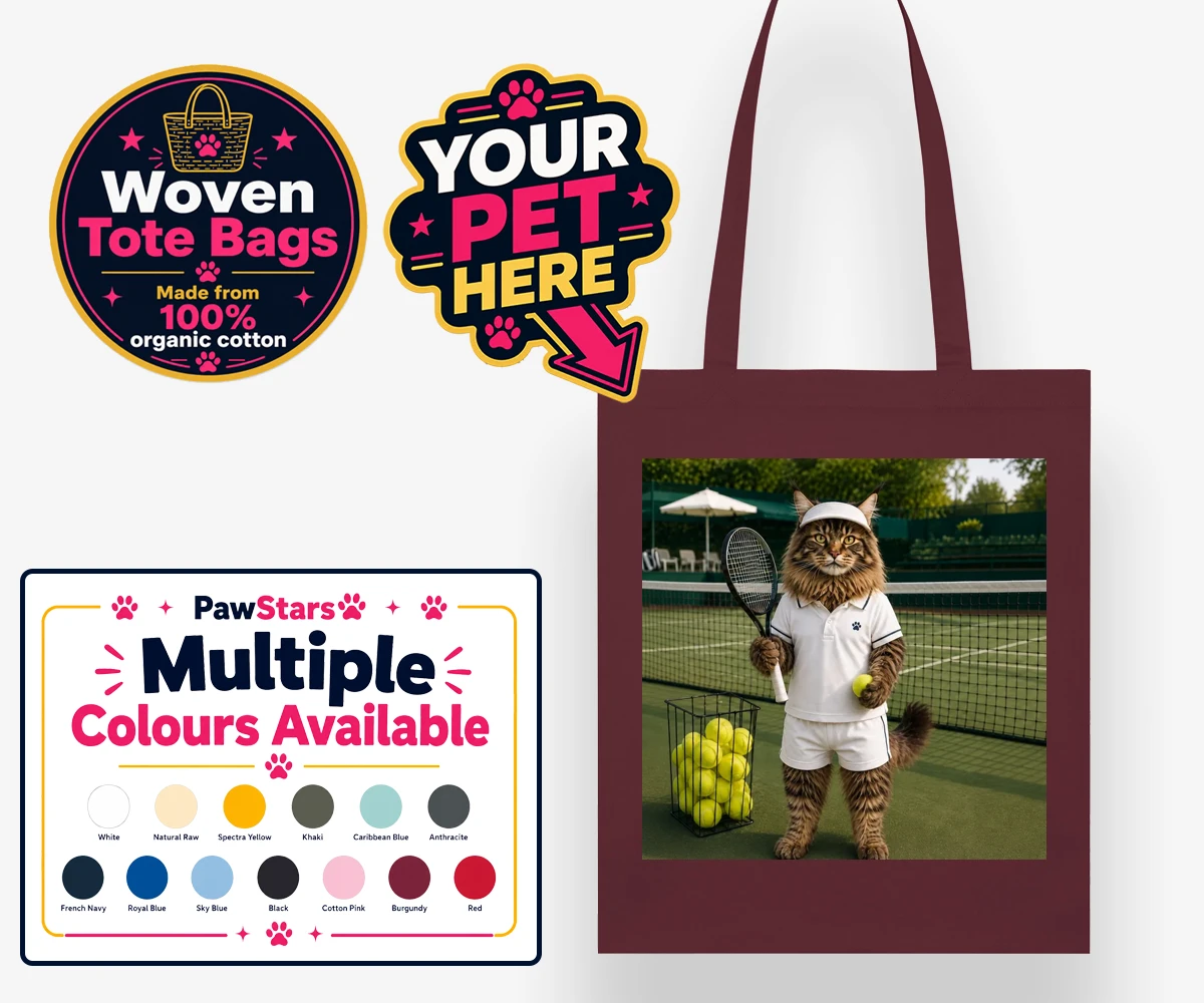 Personalised Tennis Paw Star cat woven tote bags featuring step onto the court with our charming Tennis Paw Star!