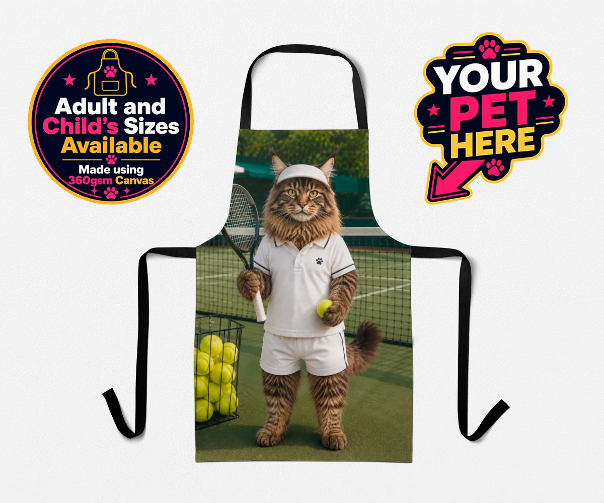 Personalised Tennis Paw Star cat aprons featuring step onto the court with our charming Tennis Paw Star!