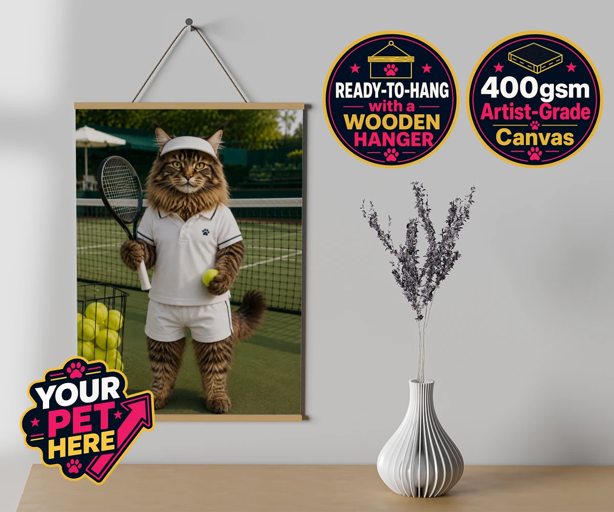 Personalised Tennis Paw Star cat canvas poster prints with hanger featuring step onto the court with our charming Tennis Paw Star!