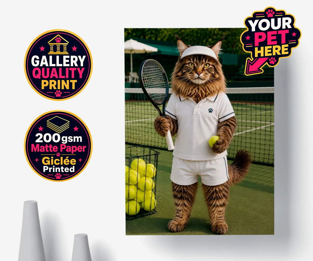 Personalised Tennis Paw Star cat premium poster print featuring step onto the court with our charming Tennis Paw Star!