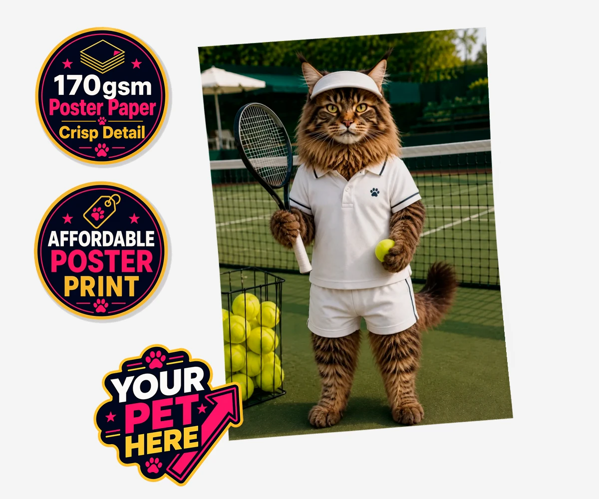 Personalised Tennis Paw Star cat standard poster print featuring step onto the court with our charming Tennis Paw Star!