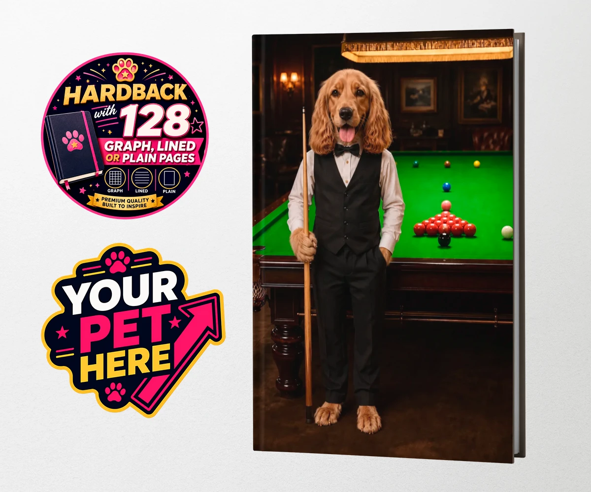 Personalised The Snooker Star dog hardback notebooks featuring meet The Snooker Star, a charming canine character radiating warmth an
