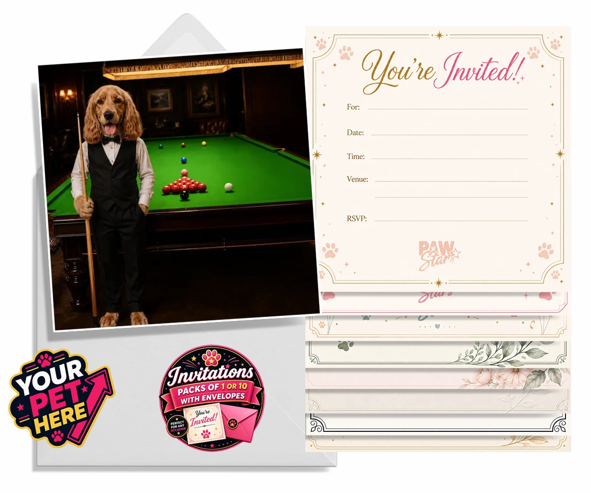 Personalised The Snooker Star dog invitations featuring meet The Snooker Star, a charming canine character radiating warmth an