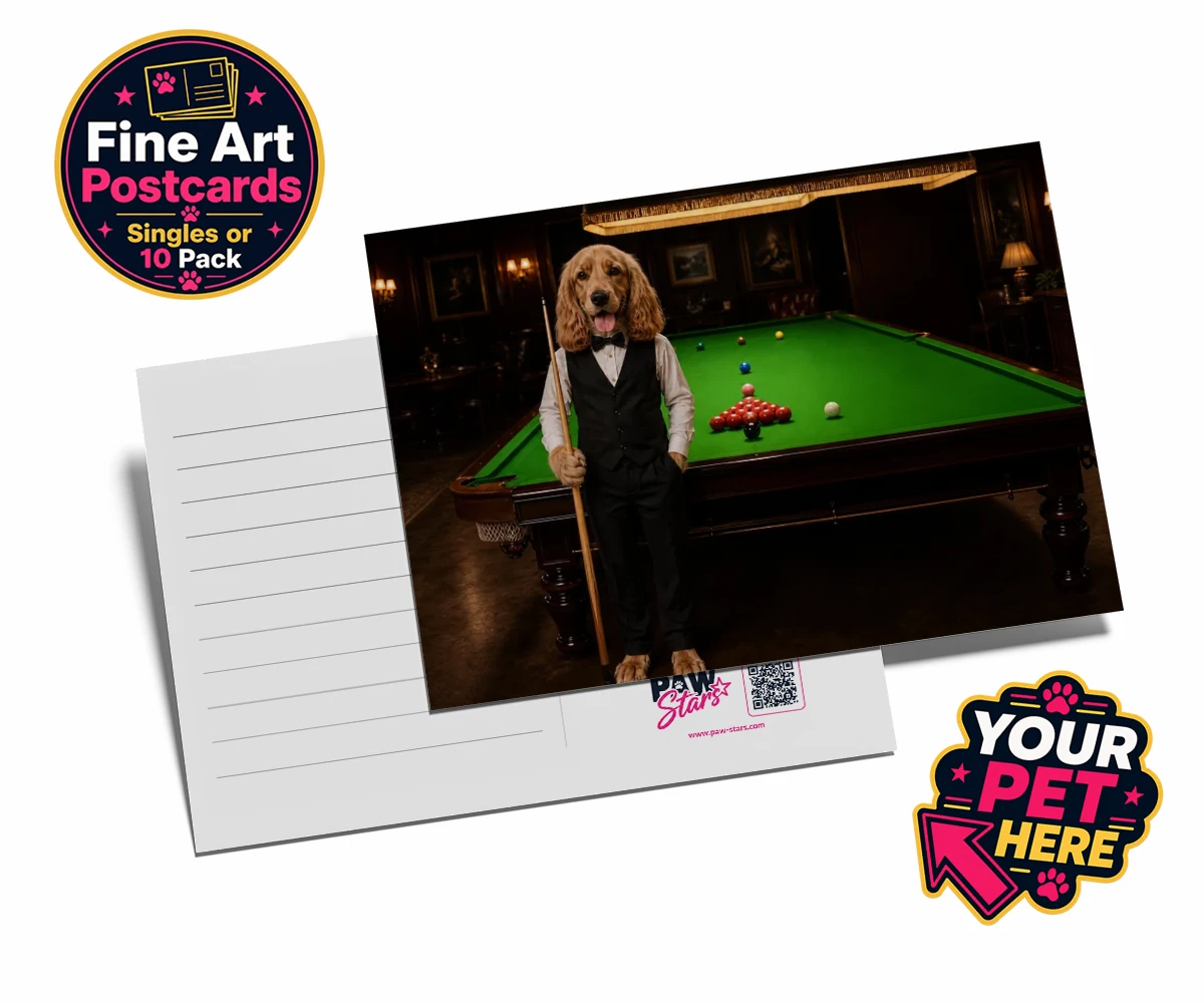 Personalised The Snooker Star dog postcards featuring meet The Snooker Star, a charming canine character radiating warmth an